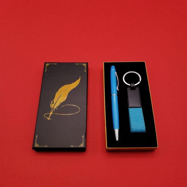 Mavi Metal Deri Anahtarlık ve Kalem Seti - Image 1