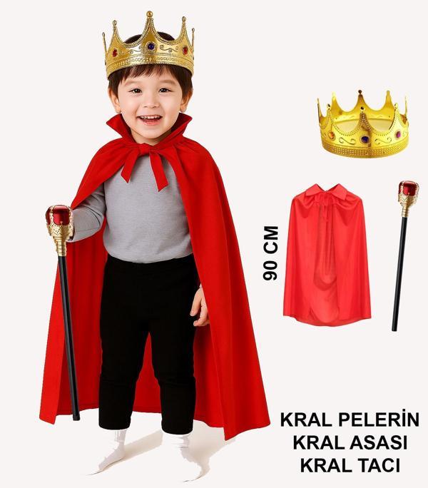 Çocuk Kral Kostüm Seti – Kırmızı Pelerin, Taç ve Asa (90 cm) - Image 1