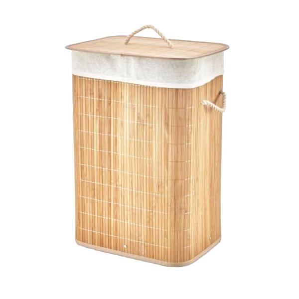 DİKDÖRTGEN BAMBU AHŞAP KİRLİ ÇAMAŞIR SEPETİ 40X30X60CM SEYYAR KAPAKLI İÇİ BEZLİ İP KULPLU (5250) - Image 1