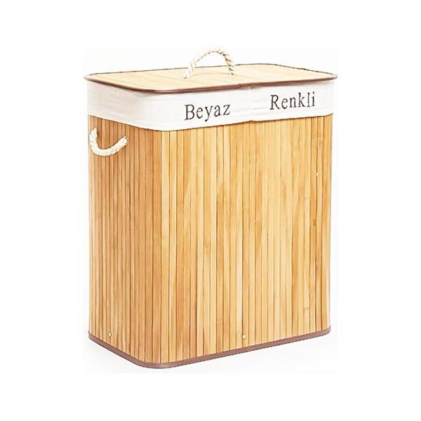 DİKDÖRTGEN İKİ BÖLMELİ İÇ BEZ BAMBU AHŞAP KİRLİ ÇAMAŞIR SEPETİ İP KULP 52X32X62CM (5250) - Image 1