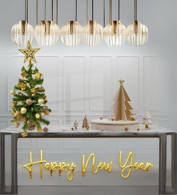 Sole Masaüstü Dore- Altın Konsept Süslü Çam Ağacı 40 cm, Kütüklü Jütlü 25 parça Süs ve Işık - Image 1