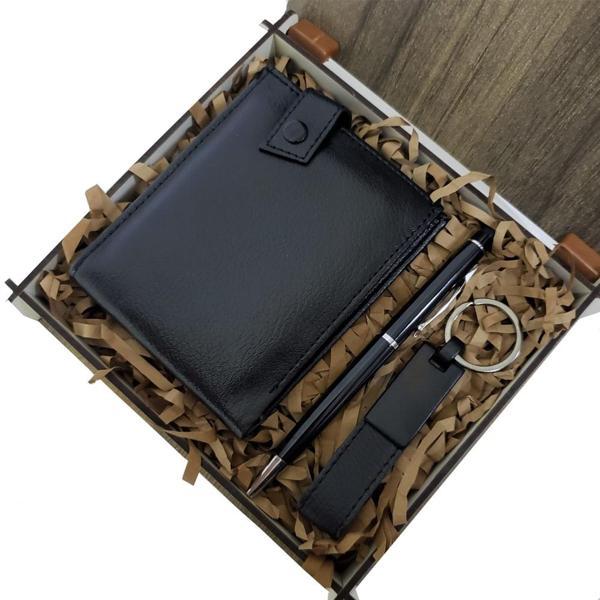 Ahşap Deri Kutulu Siyah Renk 3'lü Hediye Seti - Kalem, Cüzdan, Anahtar - Image 1