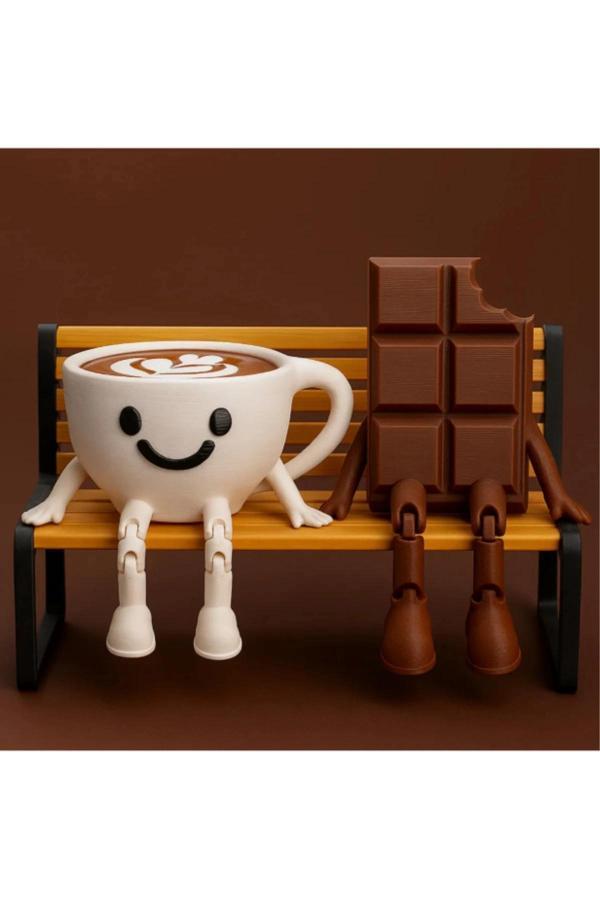 Çok Sevimli Bank Üzerinde Çikolata Ve Espresso Biblo Seti / 3'lü Dekoratif Figür Hediyelik Çeyizlik - Image 1