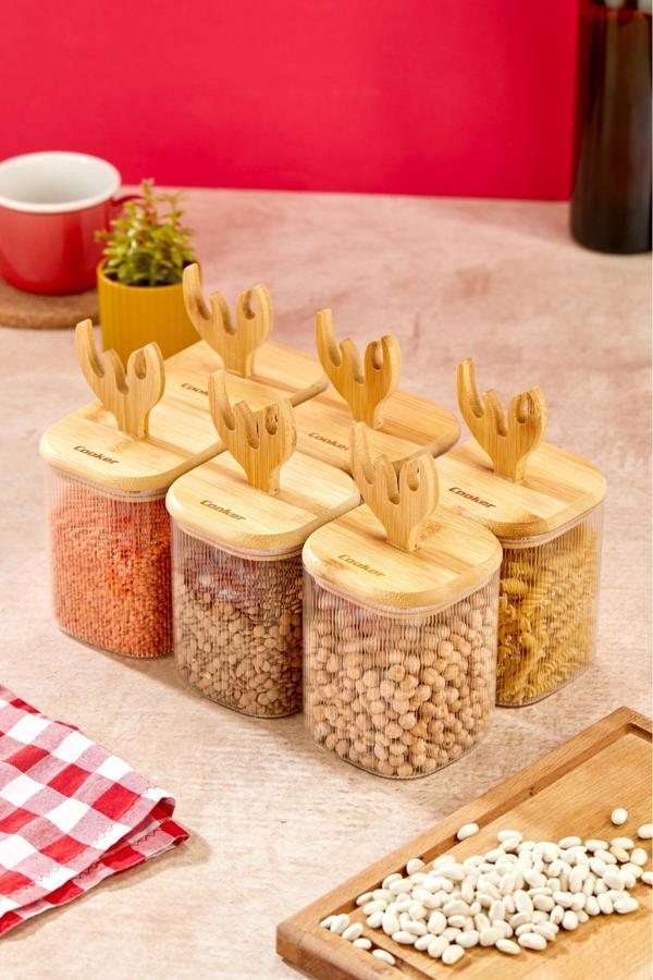 Cooker Bambu Kare Kapaklı Vakumlu Borosilikat 13.5 Cm 6 Adet Cam Kavanoz Cam Erzak Saklama Kabı - Image 1