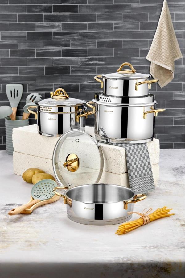 Cooker 8 Parça Süzgeç Kapaklı Paslanmaz Çelik Tencere Seti - Image 1