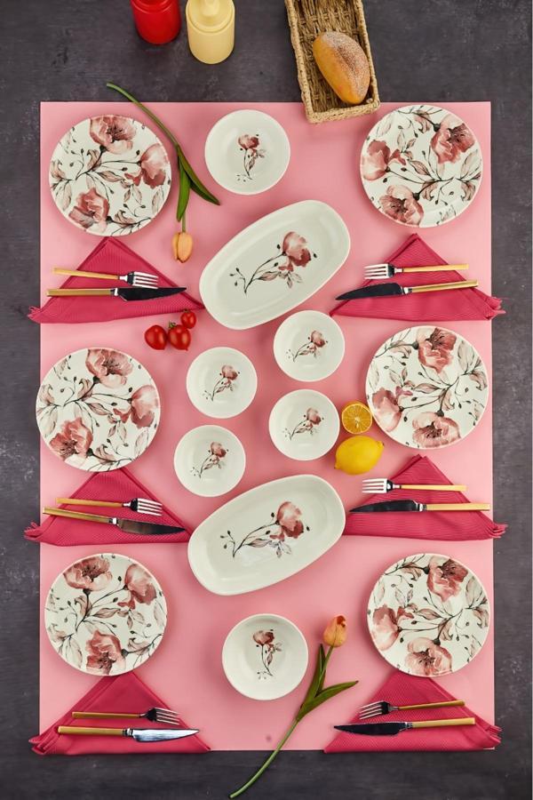 Cooker 14 Parça Porselen Kahvaltı Takımı – Şık Desenli Kayık, Pasta, Kase Ve Reçellik Seti - Image 1