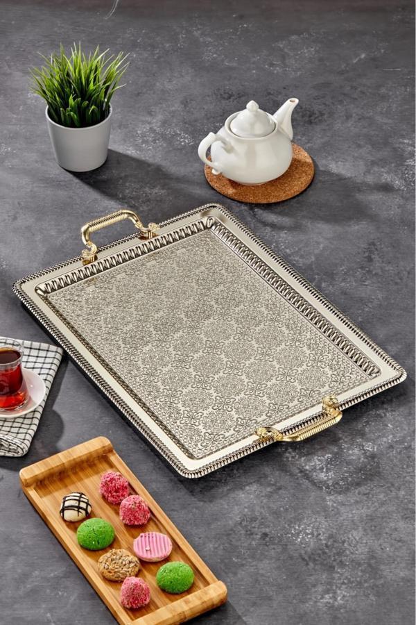 Cooker Paslanmaz Metal Gümüş Renk Büyük Boy Sunum Tepsisi 50X38 Cm | Çay İkram Servis Ve Çeyizlik Tepsi - Image 1
