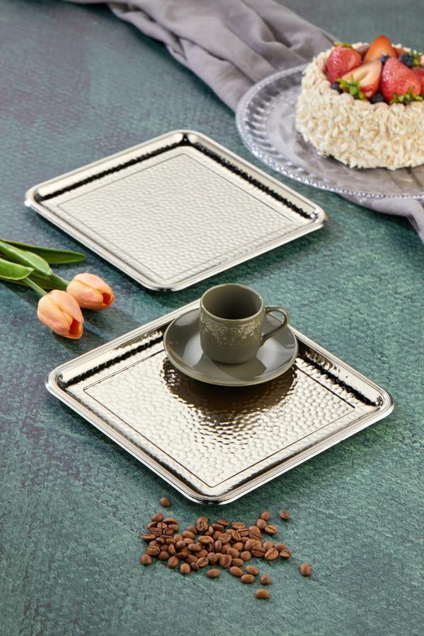 Cooker Kare Şık Çekiç Desenli 22 Cm Gümüş Sunum Tepsisi | Paslanmaz Ve Dayanıklı Tasarım - Image 1