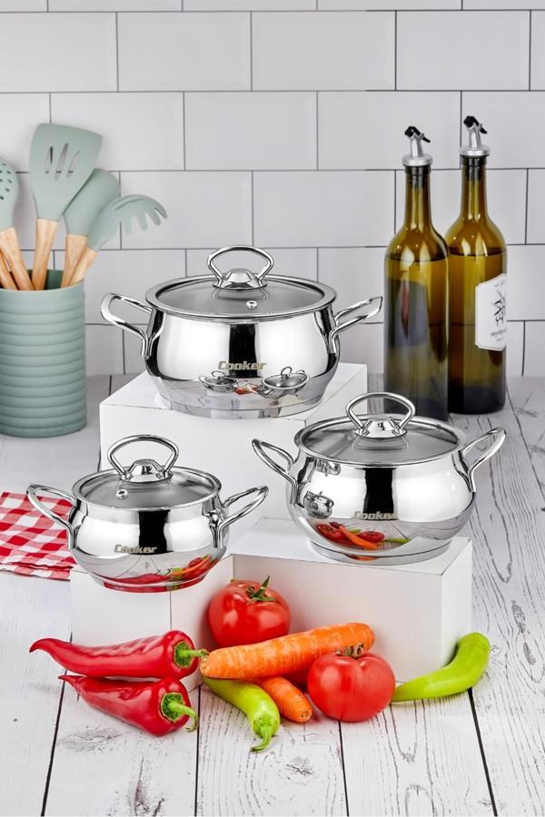 Cooker Lara 3'Lü Paslanmaz Çelik Güveç Tencere Seti (16-18-20 Cm) - Image 1