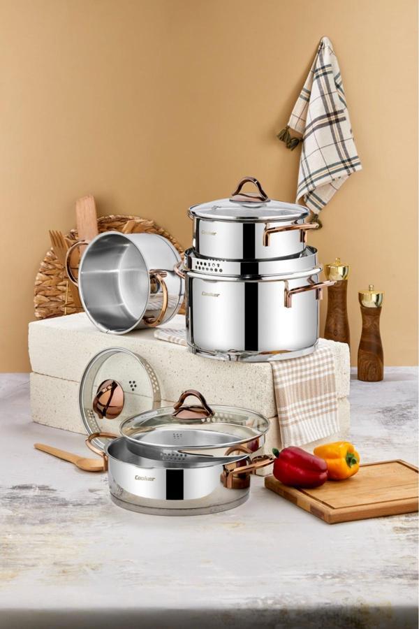 Cooker 8 Parça Süzgeç Kapaklı Paslanmaz Çelik Tencere Seti - Image 1