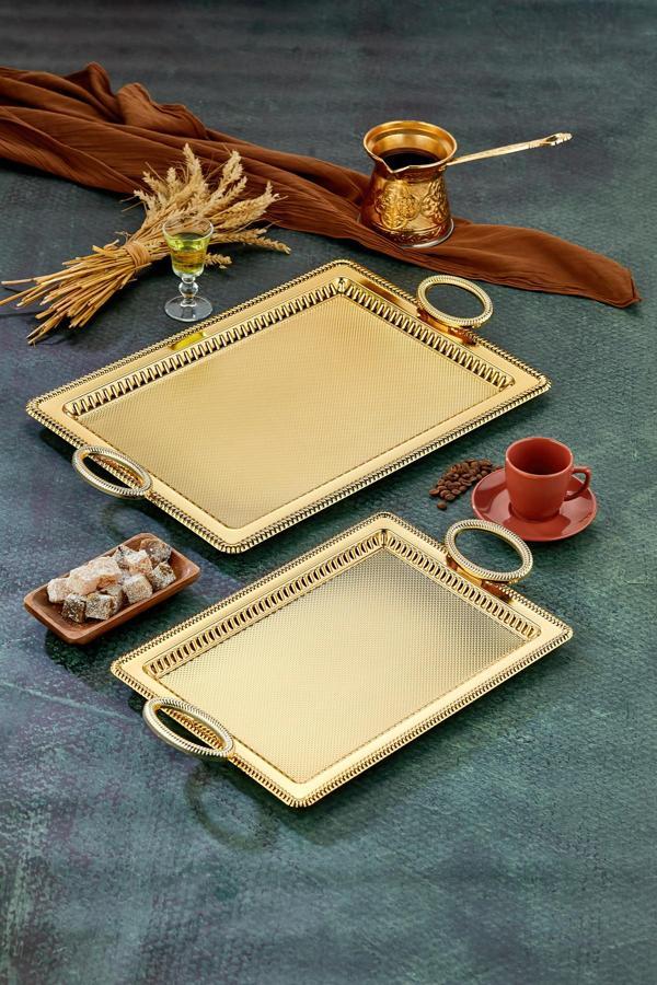Cooker Özel Seri Dikdörtgen Model Lüx Metal 2'Li Sunum Tepsisi, Çay Tepsisi, Nişan Tepsisi (35X25 44X32 Cm) - Image 1