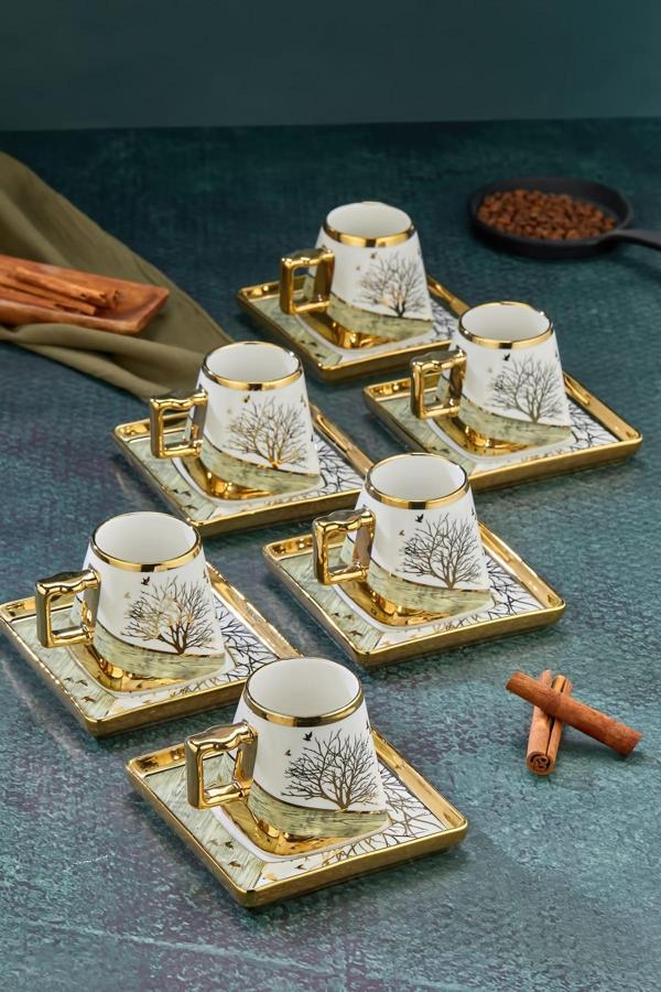Cooker Şık Tasarımlı 6'Lı 180 Ml Porselen Neskafe Fincanı Seti - Altın Yaldızlı - Hediye Seçeneği - Image 1