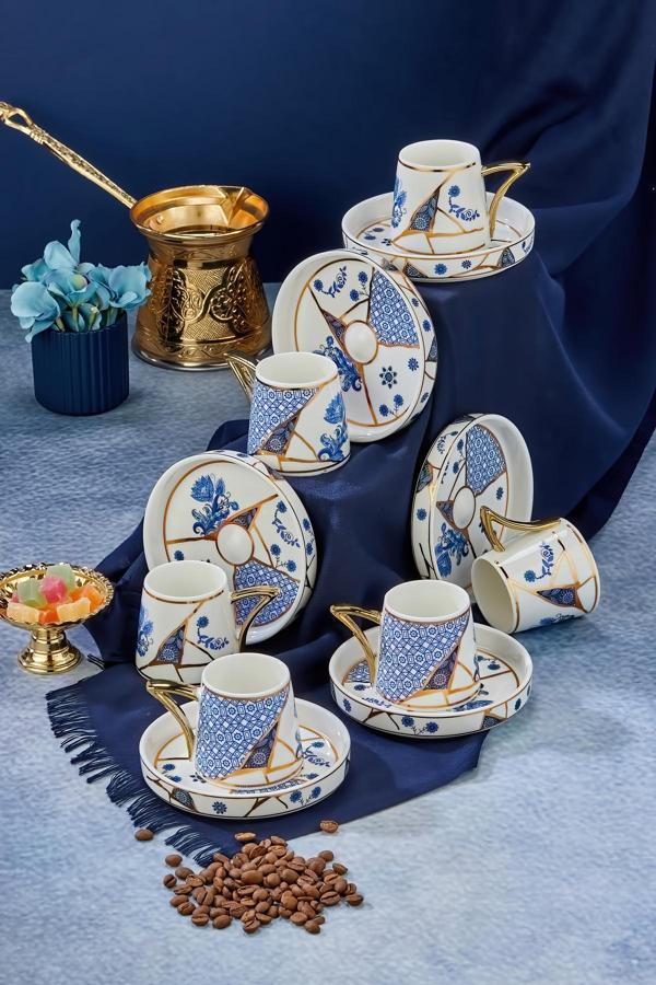 Cooker Lüks Yaldızlı Motifli 6'Lı 90 Ml Kahve Fincan Takımı – Altın Detaylı, Porselen, Özel Tasarım - Image 1