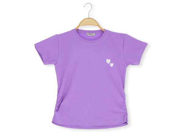 YANLARI BÜZGÜLÜ KALP BASKILI 36/1 KOMPAK KIZ TSHİRT Lila - Image 1