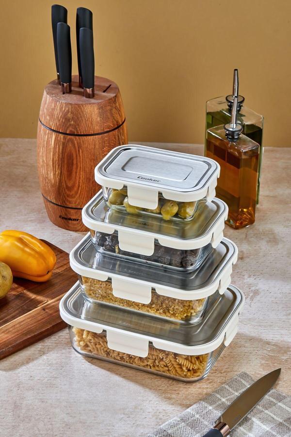 Cooker 4'Lü Paslanmaz Çelik Kapaklı Cam Saklama Kabı Seti – Sızdırmaz, Hava Geçirmez - Image 1