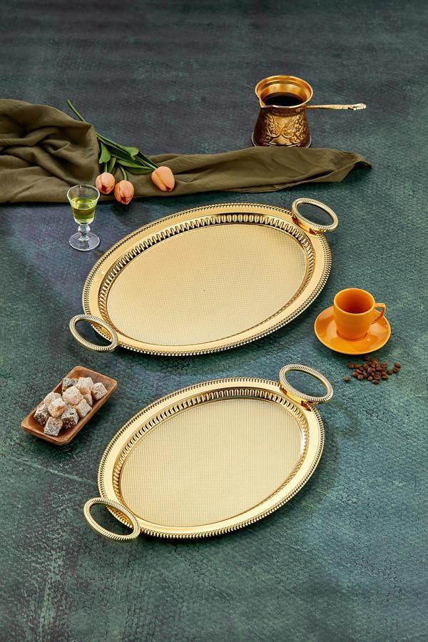 Cooker Özel Seri Oval Model Lüx Metal 2'Li Sunum Tepsisi, Çay Tepsisi, Nişan Tepsisi (37X28 Ve 44X33 Cm) - Image 1