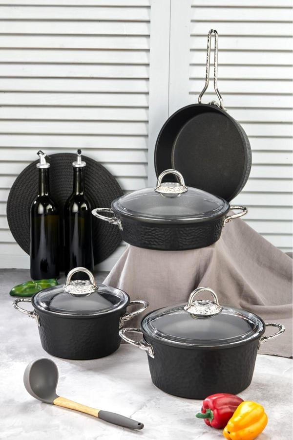 Cooker Dövme Desenli Paslanmaz Çelik 7 Parça Tencere Seti - Image 1