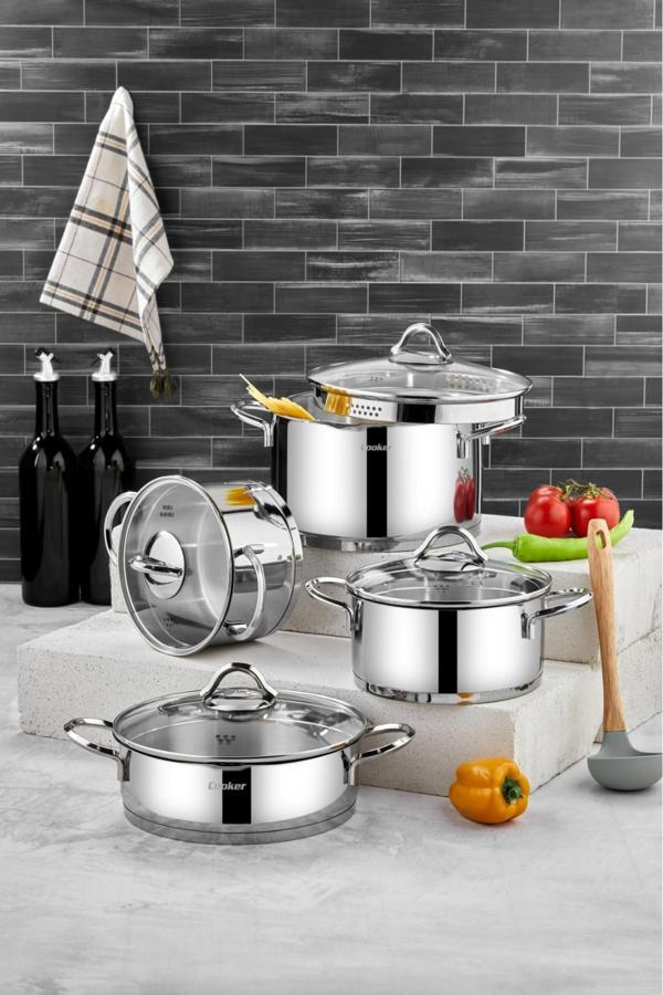 Cooker 8 Parça Süzgeç Kapaklı Paslanmaz Çelik Tencere Seti - Image 1