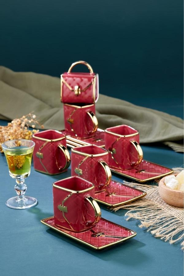 Cooker 6'Lı Çanta Desenli 90 Ml Porselen Kahve Fincan Seti | Altın Yaldızlı Şık Kutulu Hediyelik - Image 1