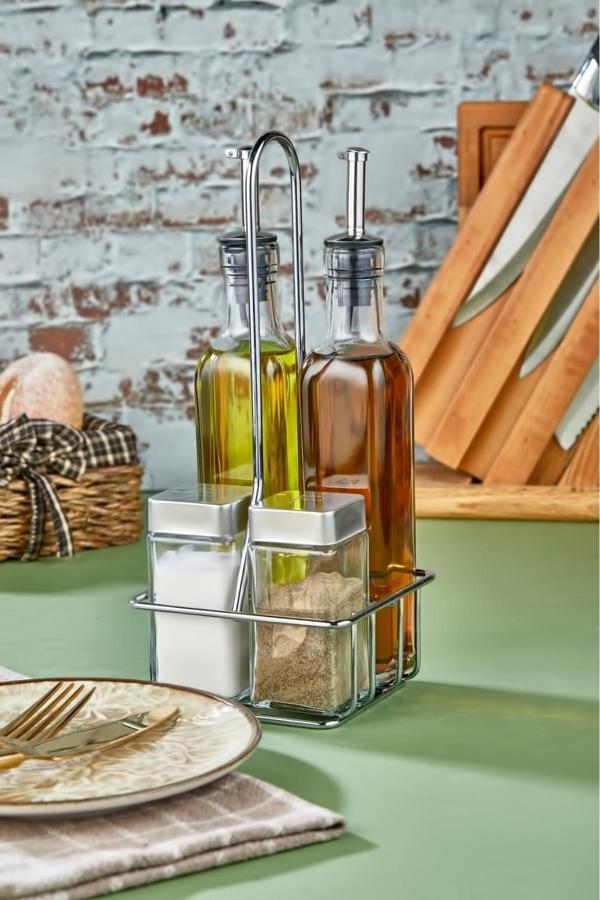 Cooker Standlı 5 Parça Cam Sosluk Yağdanlık,Baharatlık Seti - Image 1