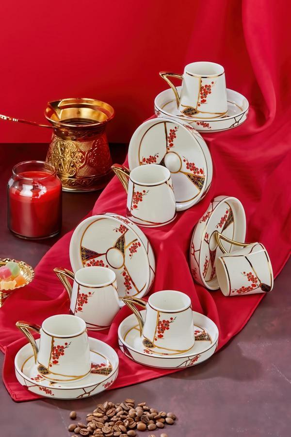Cooker Lüks Yaldızlı Motifli 6'Lı Kahve Fincan Takımı – Altın Detaylı, Porselen, Özel Tasarım 90Ml - Image 1