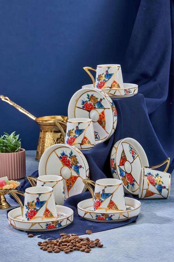 Cooker Lüks Yaldızlı Motifli 6'Lı Kahve Fincan Takımı – Altın Detaylı, Porselen, Özel Tasarım 90Ml - Image 1