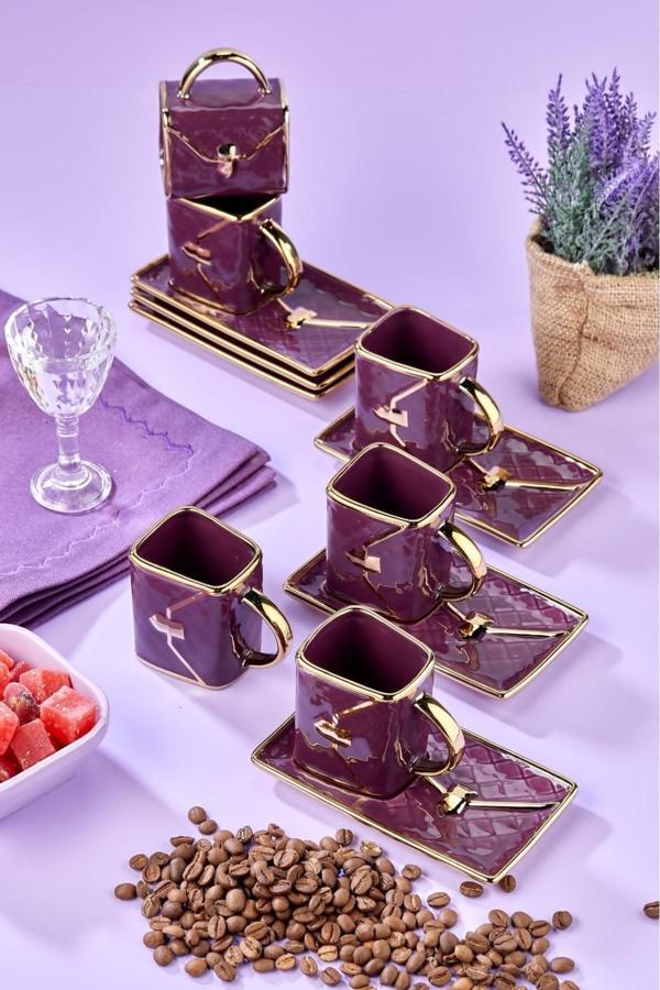 Cooker 6'Lı Çanta Desenli 90 Ml Porselen Kahve Fincan Seti | Altın Yaldızlı Şık Kutulu Hediyelik - Image 1