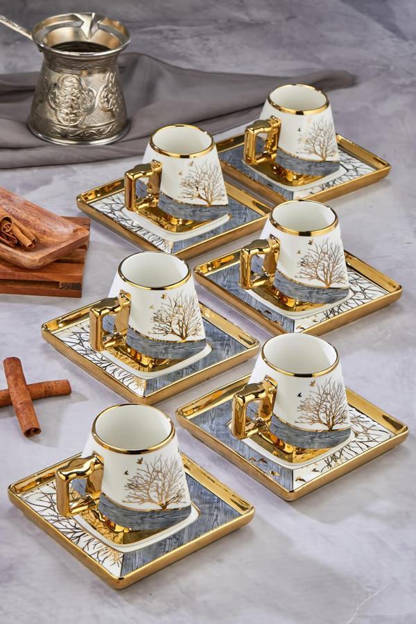 Cooker Şık Tasarımlı 6'Lı 180 Ml Porselen Neskafe Fincanı Seti - Altın Yaldızlı - Hediye Seçeneği - Image 1