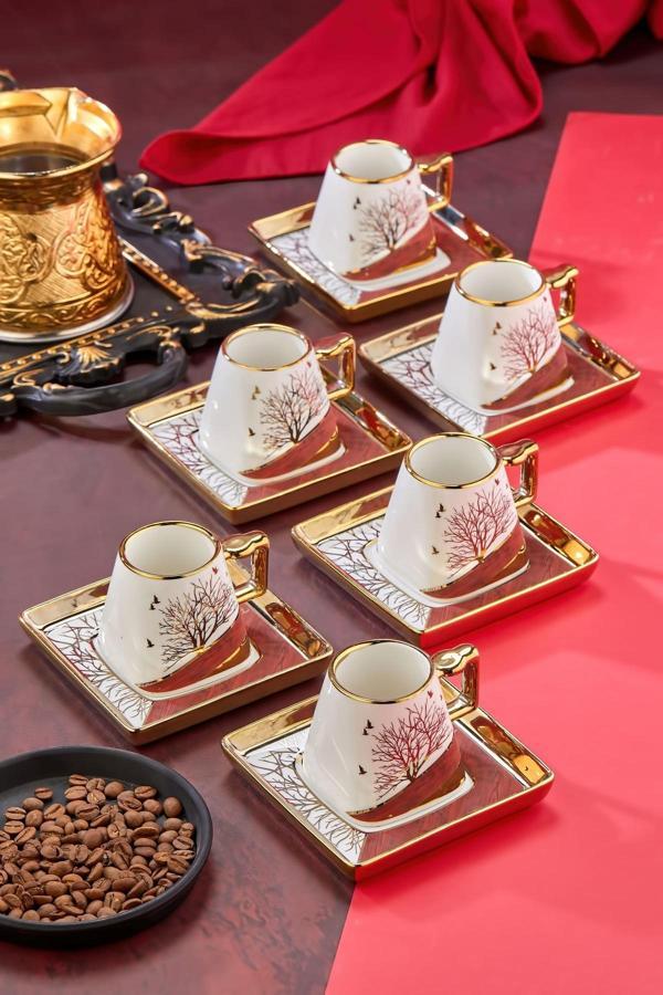 Cooker Şık Tasarımlı 6'Lı 220 Ml Porselen Çay Fincanı Seti - Altın Yaldızlı - Hediye Seçeneği - Image 1