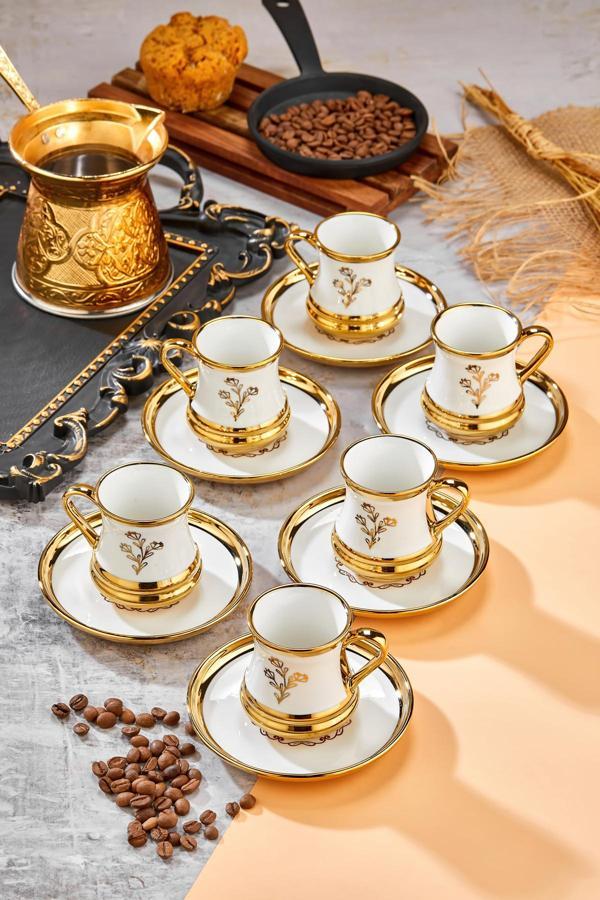Cooker 90 Ml Porselen 6'Lı Kahve Fincanı Seti - Şık Tasarım Altın Yaldızlı Modern Fincan Takımı - Image 1