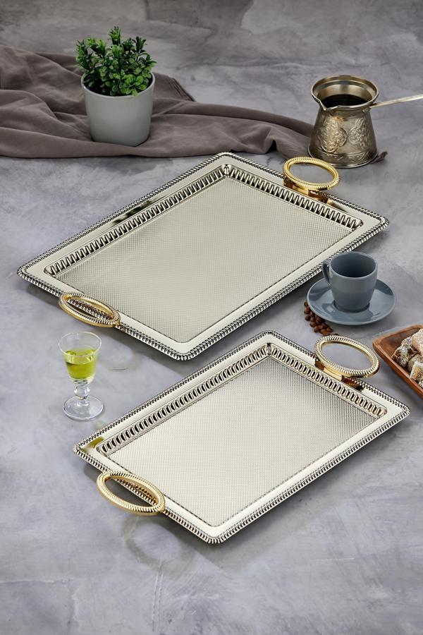 Cooker Özel Seri Dikdörtgen Model Lüx Metal 2'Li Sunum Tepsisi, Çay Tepsisi, Nişan Tepsisi (35X25 44X32 Cm) - Image 1