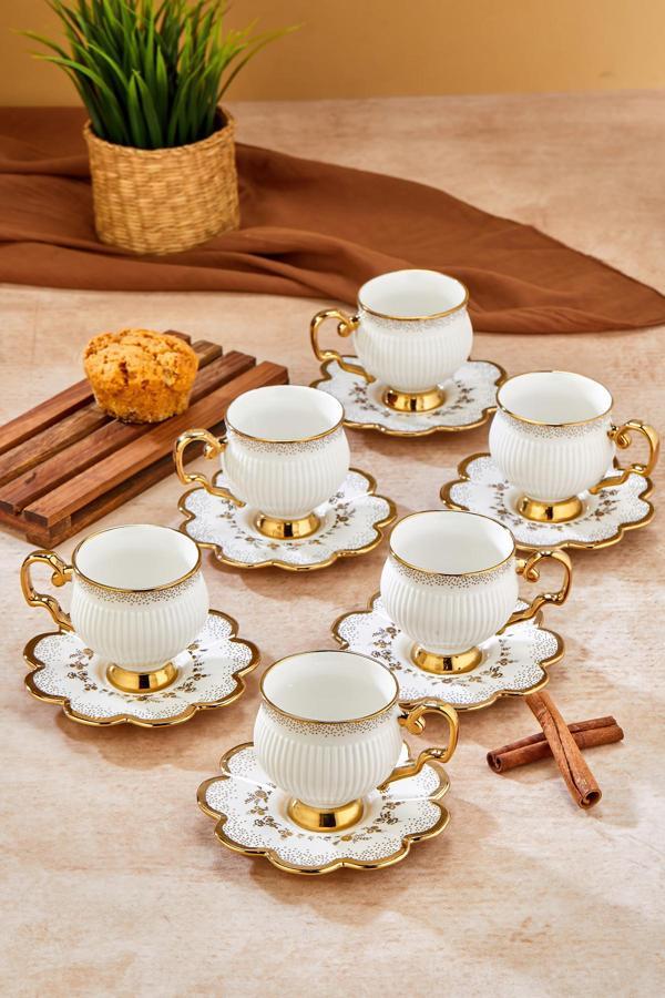 Cooker Şık Tasarımlı 6'Lı 220 Ml Porselen Çay Fincanı Seti - Altın Yaldızlı - Hediye Seçeneği - Image 1