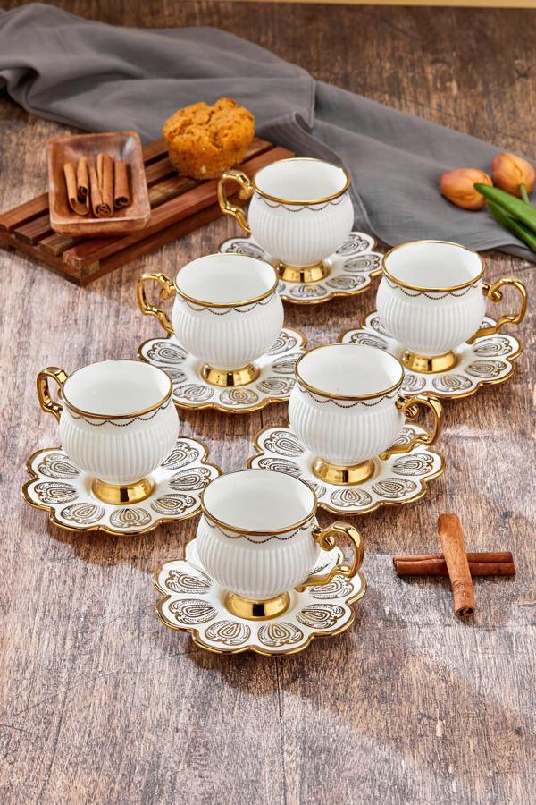 Cooker Şık Tasarımlı 6'Lı 220 Ml Porselen Çay Fincanı Seti - Altın Yaldızlı - Hediye Seçeneği - Image 1