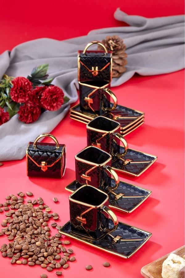 Cooker 6'Lı Çanta Desenli 90 Ml Porselen Kahve Fincan Seti | Altın Yaldızlı Şık Kutulu Hediyelik - Image 1