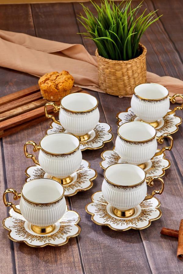 Cooker Şık Tasarımlı 6'Lı 220 Ml Porselen Çay Fincanı Seti - Altın Yaldızlı - Hediye Seçeneği - Image 1