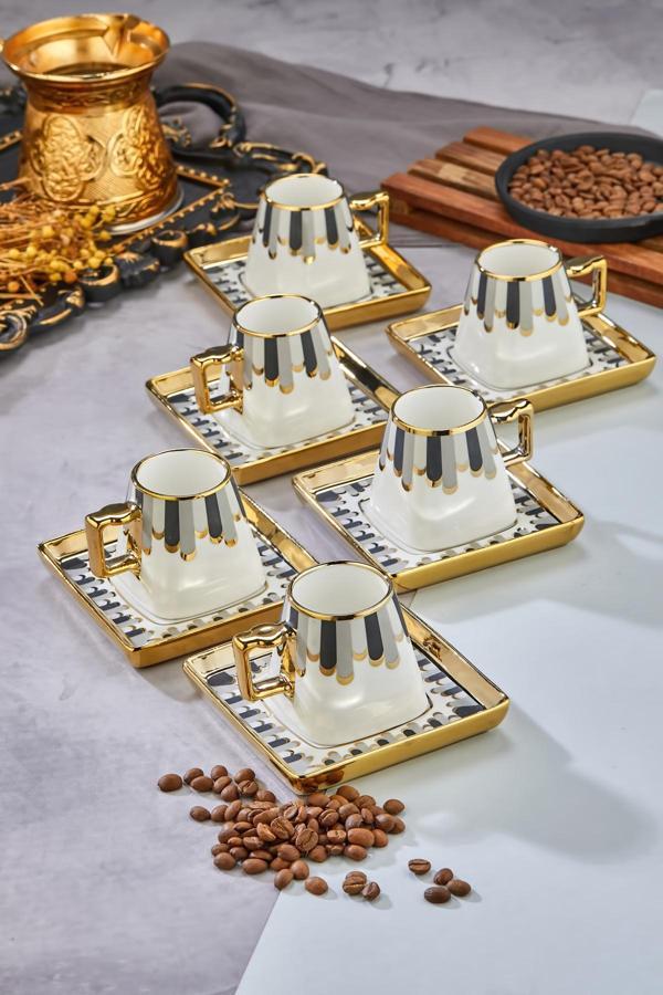 Cooker 90 Ml Porselen 6'Lı Kahve Fincanı Seti - Şık Tasarım Altın Yaldızlı Modern Fincan Takımı - Image 1