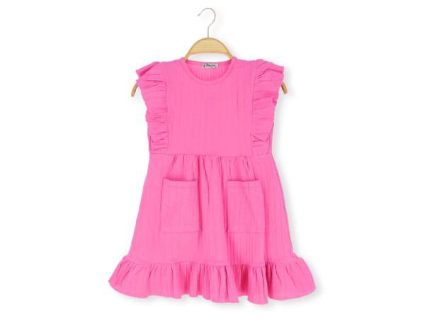 CEPLİ FIRFIRLI 40/1 KRİNKIL KIZ ELBİSE Fuşya - Image 1