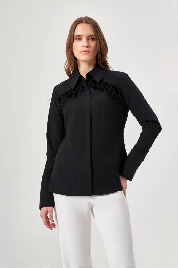 Mizalle Omuzu Püsküllü Siyah Gömlek - Image 1