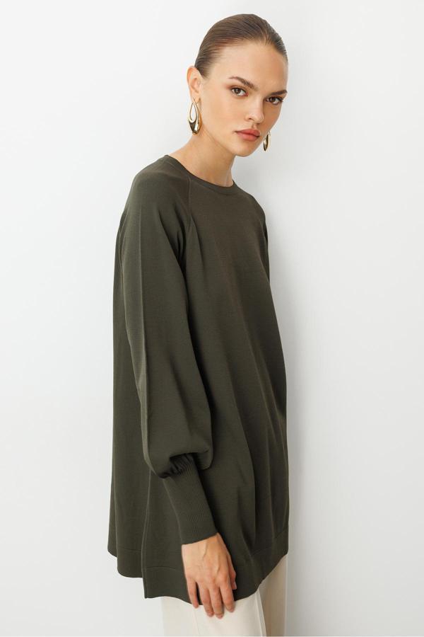 Mizalle Balon Kollu Rayon Haki Tunik - Image 1