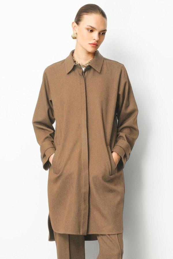 Mizalle Melanj Dokuma Bej Rengi Uzun Tunik - Image 1