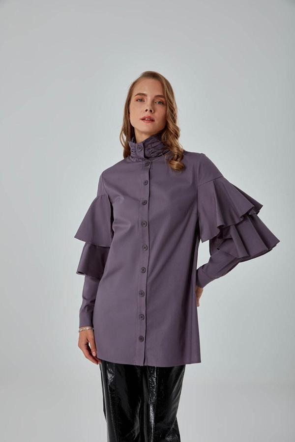 Mizalle Fırfır Detaylı Gri Gömlek - Image 1