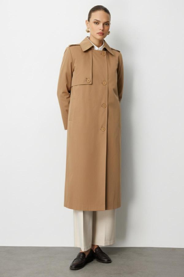 Mizalle Camel Apoletli Klasik Maxi Mac Trençkot - Image 1