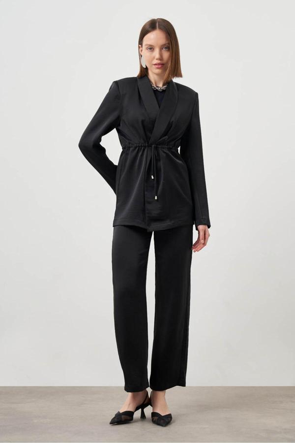 Mizalle Bol Paça Saten Siyah Pantolon - Image 1