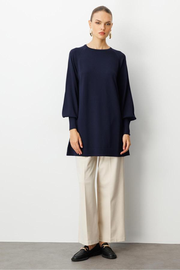 Mizalle Balon Kollu Rayon Lacivert Tunik - Image 1