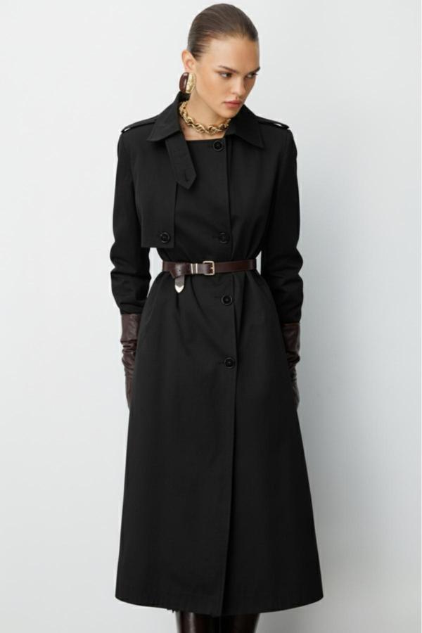 Mizalle Siyah Apoletli Klasik Maxi Mac Trençkot - Image 1