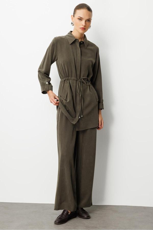 Mizalle Geniş Paça Beli Lastikli Haki Cupro Pantolon - Image 1