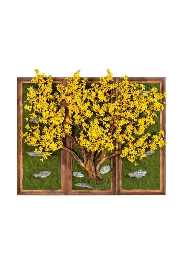 Omnia Concept Üçlü Jasmine Tablo - Sarı - Masif Ahşap Çerçeveli 3 Boyutlu Yapay Ağaç Tablosu 125X100 Cm - Image 1
