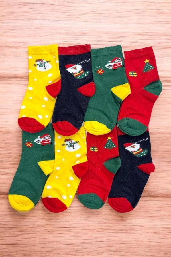 8 Çift Burun Dikişsiz Yumuşacık Çocuk Yeni Sezon Yılbaşı Çorabı - Image 1