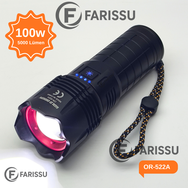 OR-522A Şarj Edilebilir Çok Fonksiyonlu LED El Feneri - 100W, 5000 Lümen, 9000 mAh - Image 1