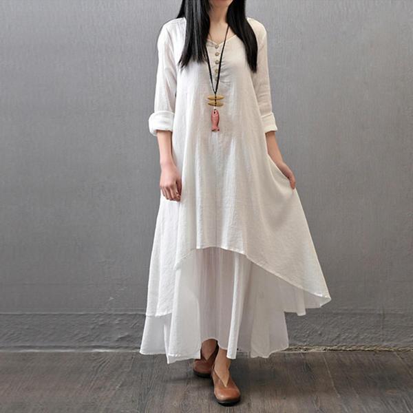 Günlük Yazlık Salaş Kadın İki Katlı Ekru Elbise - Image 1